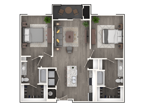 Floor plan for 2 beds, 2 baths, 1047 sqft